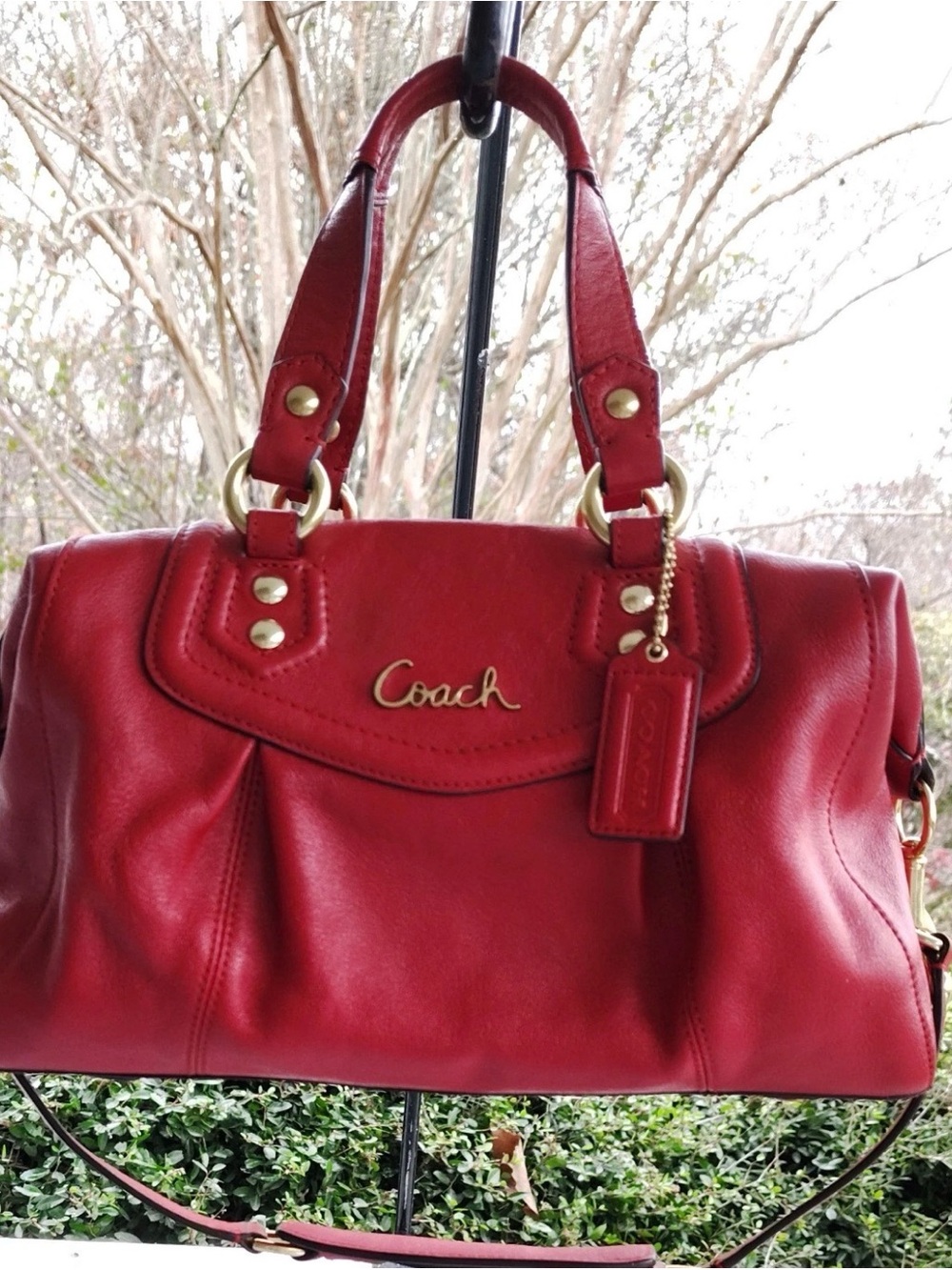 Coach F19247 red Ashley leather satchel handbag purse medium w/strap w/dust bag